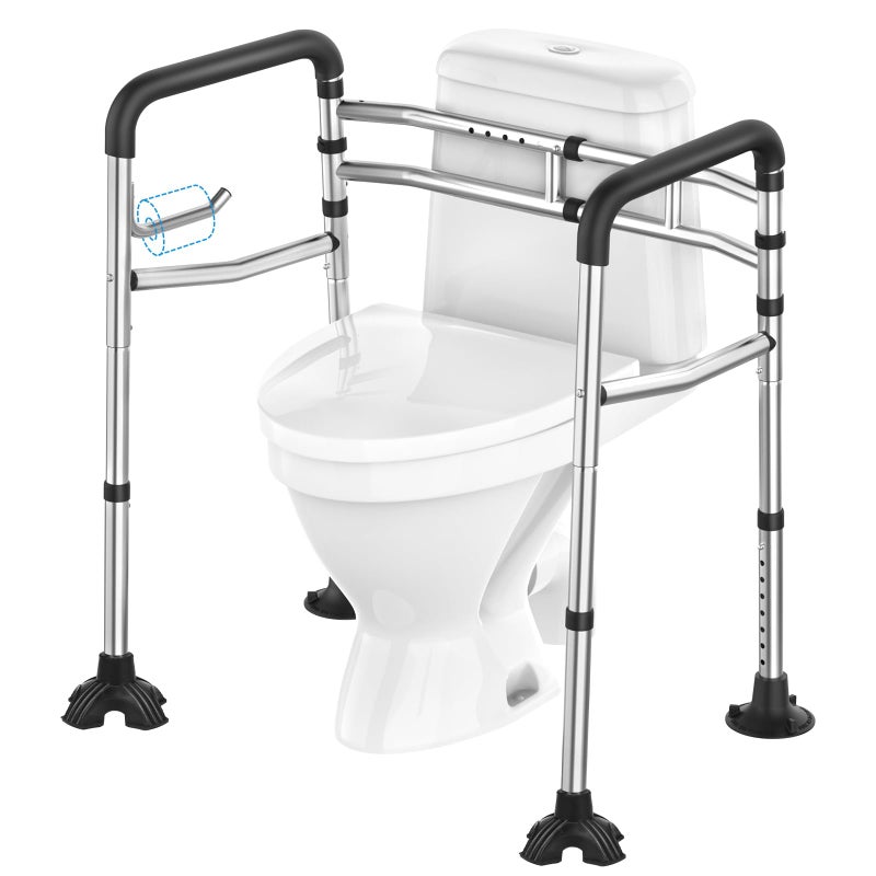 UGarden Toilet Safety Rail 380LB Stainless Steel Toilet Frame with Padded HandlesPaper Holder Adjustable Detachable Handicap Toilet Rails Foldable Toilet Support Frame for Elderly